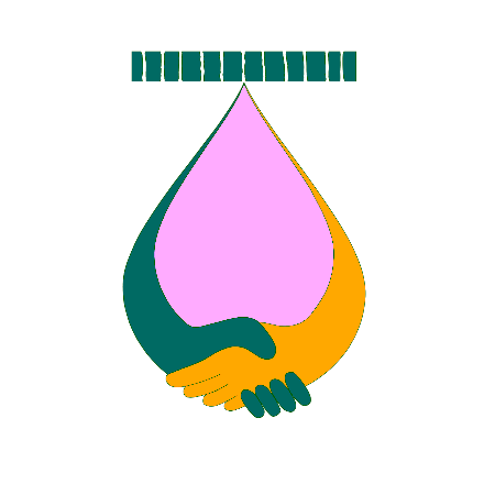 BioGentle short logo. A drop coming out of a membrane surounded by two shaking hands. One hand is blue and the other yellow.